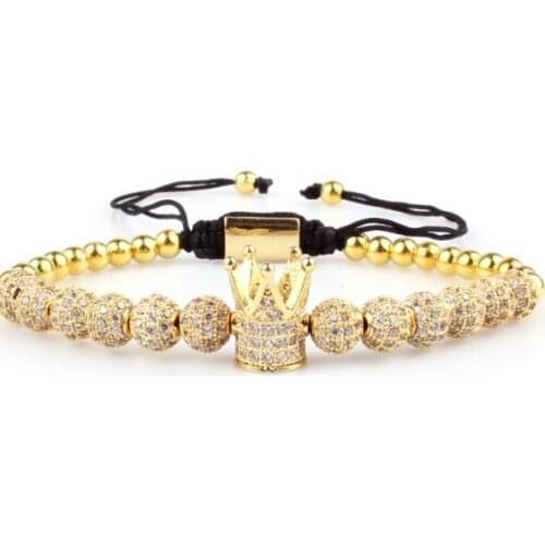 Crown micro pave Copper gold silver metal cz Cubic Zirconia rope adjustable Beads Bracelet Charm Braided Bangles sv24