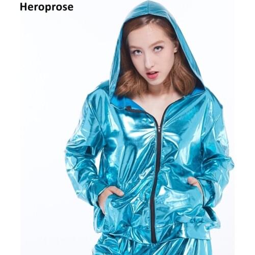 New Spring Autumn Kids Audlt Jazz bomber Jacket Stage Performance Wear water blue paillette feminina casaco Hip Hop dance coat