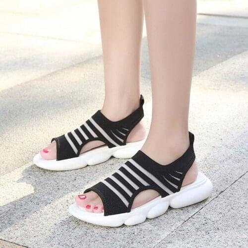 Summer Womens Sandals Shoes All-match Elastic Belt Sports Flip Flops Flat Shoes Womens Thick-soled Fish Mouth Mesh Sandals
