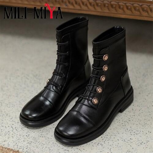 MILI-MIYA New Arrival Brand Design Women Cow Leather Ankle Boots Zipper Round Toe Square Heel Motorcycle Shoes Plus Size 34-42