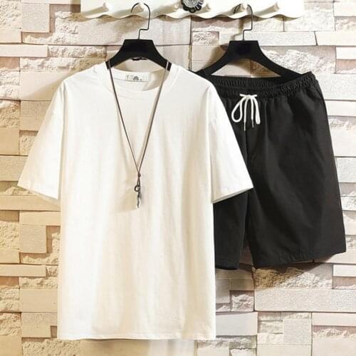 80% Dropshipping!!Men Sportswear Solid Color Drawstring Summer Round Neck Short Sleeve T-shirt Shorts Set for Office