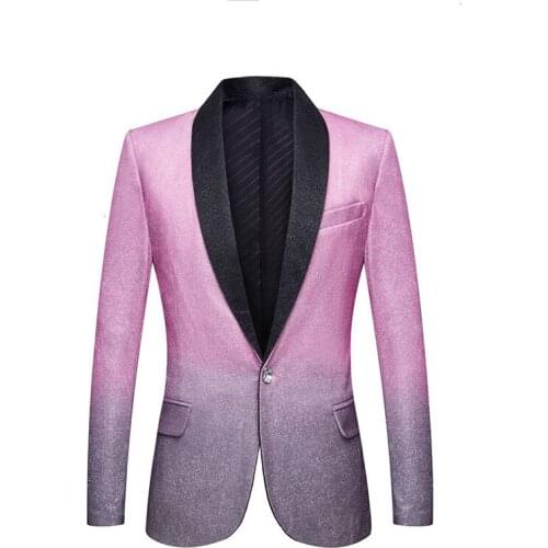 Mens Wedding Groom Stylish Shalw Lapel Gradient Color Shiny Pink Gray Slim Fit Blazer Stage Singer Prom Dress Suit Jacket M-5XL