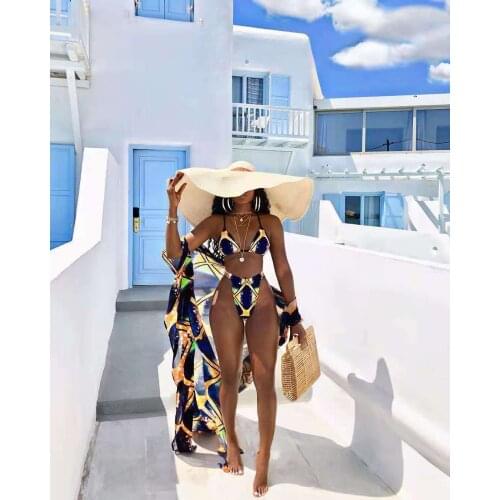 2021 New Swimsuit Digital Printed Cardigan Long Sleeve Blouse + Short Sleeve Split Swimsuit Womens Three-piece Set