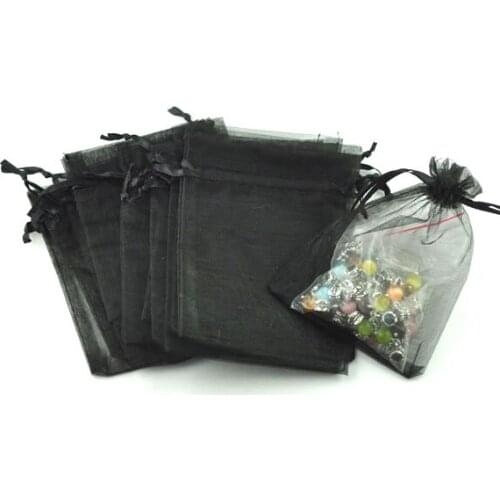 New Style Organza Organza Jewelry Bags Drawable Rectangle Black 9cm X7cm(3 4/8" X2 6/8"), 5 PCs
