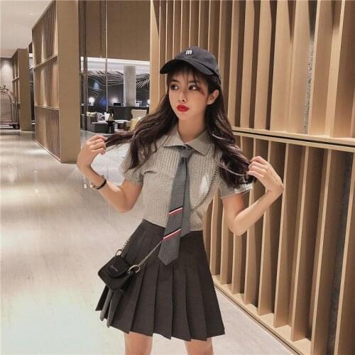 Kawaii solid color jk uniform suit polo-neck summer Korean fashion preppy style thin tie jacket + pleated skirt two-piece suit