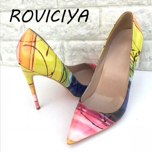 Graffiti Yellow Sexy Pumps Womens Shoes 12cm Pointed Toe Stilettos Shallow Pointed Toe High Heel Party Shoe QP007 ROVICIYA