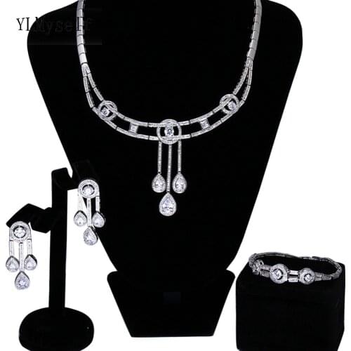 Last sale Luxury big party 3pcs jewellery sets White cz crystal Necklace+Bracelet+earrings Large jewelry set for women