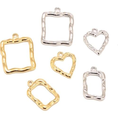 5pcs Gold Tone Stainless Steel Charm Hollow Heart Square Rectangle Pendants Embossing Connectors For DIY Jewelry Making Findings