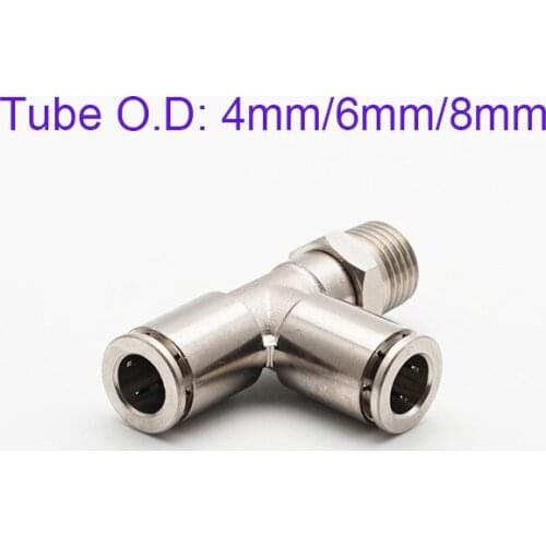 PD 4/6/8mm Tube Copper Nickel-plated Tee Joints M5 1/8 1/4 3/8 1/2 Male High Pressure 25Bar Metal Quick Pipe Connector T type
