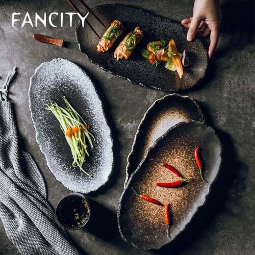 FANCITY Oval ceramic plate, large capacity fish plate, meal plate, dumpling plate, household large flat plate, irregular tablewa