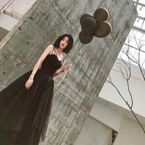 Boho Prom Dresses Long Black Spaghetti Straps 2020 New Tulle Party Evening Wear Sexy Formal Dress Vestido De Fiesta