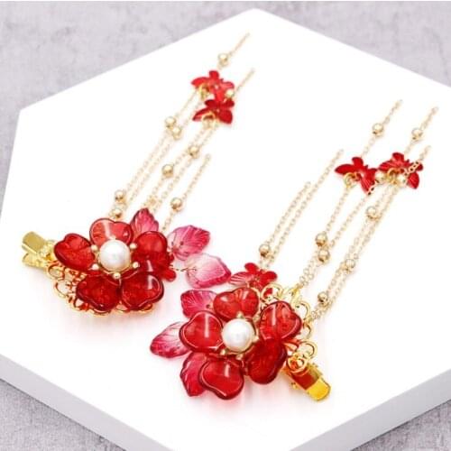 Vintage red China hanfu Butterfly Hair Sticks Flower Pendant Tassel for Women Bridal Wedding Party Hair Jewelry Accessories