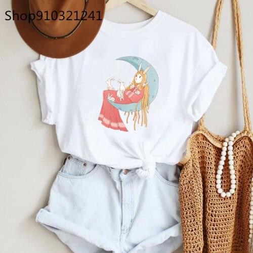 Cute cartoon Bunny T Shirt Women Printed Kawaii T Shirt O Neck Short Sleeve Women black Tops Ladies Summer Fashion Tee Shirt