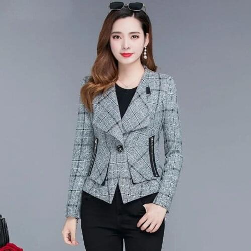 2021 New Spring Autumn Jacket Short Slim Women Outwear Fashion Coat Plaid Lady Office Formal Wear Suit Collar Long Sleeve Female
