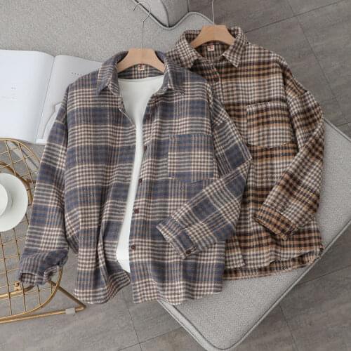 Luck A Fashion Vintage Plaid Shirt Autumn Womens Korean Casual Single-Breasted Lapel Long-Sleeved Retro Thcik Shirt coat lady