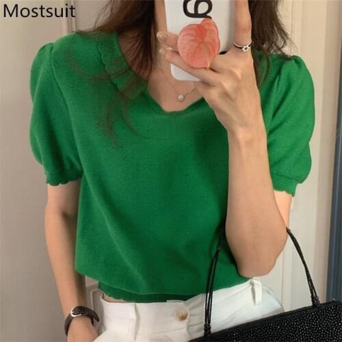 2021 Summer V-neck Knitted Pullover Knitwear Women Puff Sleeve Solid Crop Tops Sweaters Korean Fashion Jumpers Femme