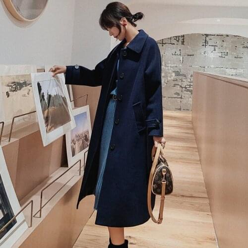 Lapel Single Breasted Woolen Coat Women 2019 Autumn and Winter New Long Section Korean Loose Jacket Solid Ladies Outerwear f1878
