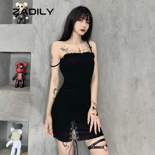 Y2K Gothic Sling Starp Mini Black Dress Street Style Bandage Split Sexy Women bodycon Dresses 2021 Summer Club Strapless Dress