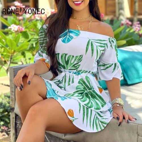 Women Off Shoulder Palm Leaf Print Casual Dress Vacation Dress 2021