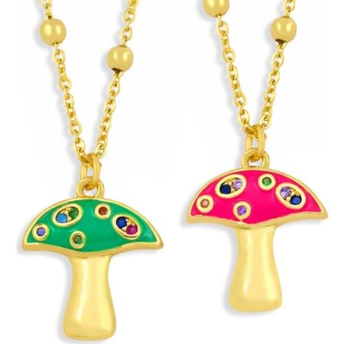 FLOLA Gold Short Chain Copper CZ Mushroom Necklace Bead Colorful Cute Enamel Pendant Necklace Accessories For Women nkey04