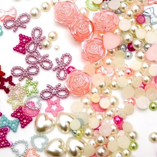 210 Pcs/pack Cabochon Mix Flatback Faux Half Pearls for decoration 4mm-15mm Cute Hearts Bows Colorful Cabochons DIY