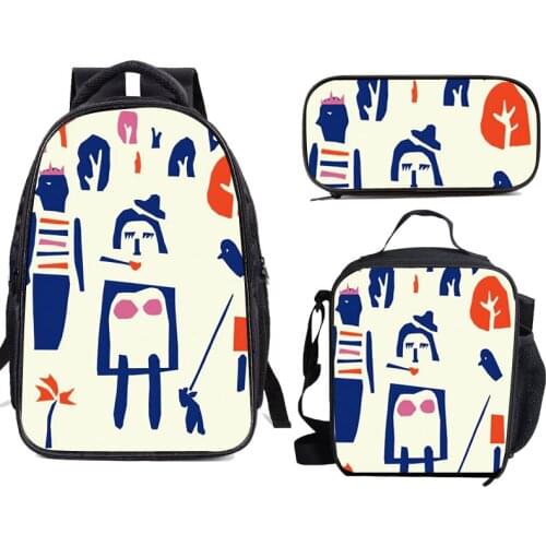 Illustration Prints Girls Boys 3PCS School Backpack Lunch Bags Pencil Cases Box Students Bookbags Travelling Daypacks