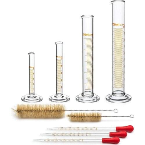 4 Measuring Cylinder - 5ml, 10ml, 50ml, 100ml - Premium Glass - Contains 2 Cleaning Brushes + 3 x 1ml Glass Pipettes
