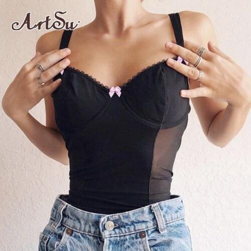 ArtSu Women Mesh Sexy Black Vest Striped Bodycon Hollow Out Street Tank Top Female Cute Tops Shirts Clothings 61271