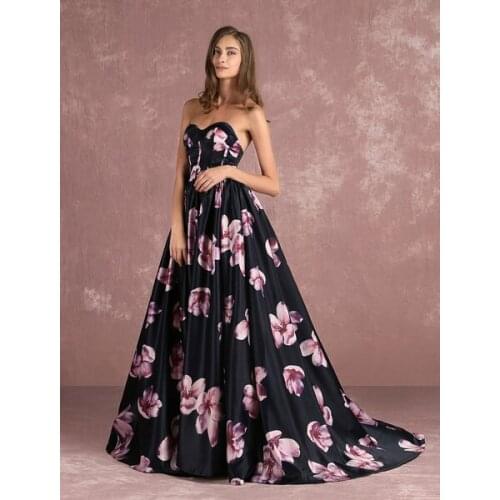 Floral Pageant Dress Black Sweatheart Strapless Long Prom Dress Boned Printed Chapel Train Occasion Dress