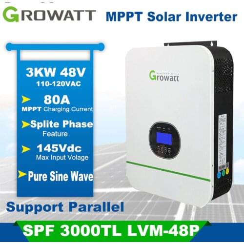 Growatt Hybrid Solar Inverter 3KW 48V Split Phase MPPT Solar Inversor Pure Sine Wave Built-in 80A MPPT Output Voltage 110-120VAC