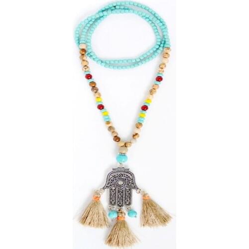 Brown Round Picture stone beadshamsa hand handmade tassel pendant long necklace boho style knotted necklace women jewelry