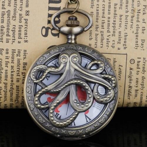 Steampunk Retro Octopus Hollow Half Hunter Quartz Pocket Watch with Necklace Chain Gift for Kids