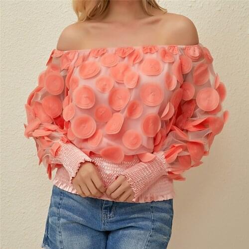 Sexy Blouse 3D Three-dimensional Petals Shirt Women Slim Fit Long Sleeve Perspective Screen Yarn Top Fashion Solid Color Tops
