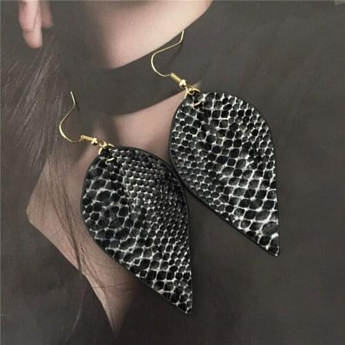 Trendy Chic Fake Leather PU with Snake Skin Prinkted Leaf Shape Drop Earrings For Women Girl Sexy Jewelry