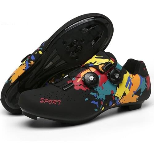 Double Buckle Graffiti Cycling Shoes Men Racing Bicycle Cleat Shoes Professional Self-Locking Cycling Sneaker MTB Bike SPD Shoes