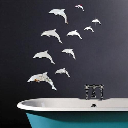 Wall Mirror Sticker Acrylic 3D Cute Dolphin Combination Mirror Effect Wall Sticker Decal Home Decor Bathroom Stickers Silver