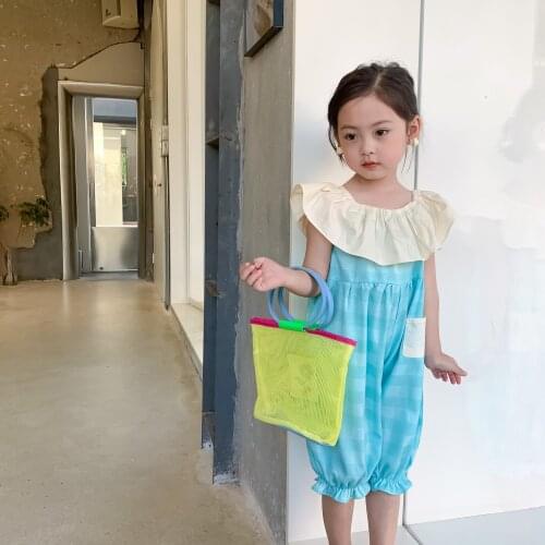 Summer New Arrival Korean style girls trousers plaid jumpsuit seventh pants with big collar for fashion cute baby girls