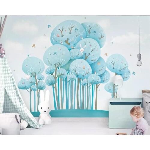 Beibehang Custom wallpaper blue cute cartoon forest rabbit bird children room background walls decoration mural 3d wallpaper
