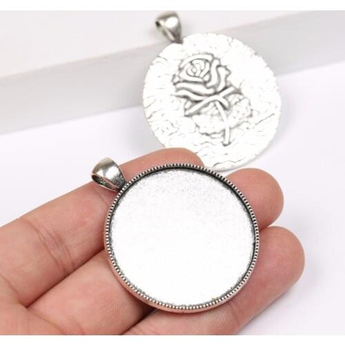 Onwear 5pcs antique bronze vintage flower pattern cabochon base 35mm diy pendant setting trays for necklace jewelry making