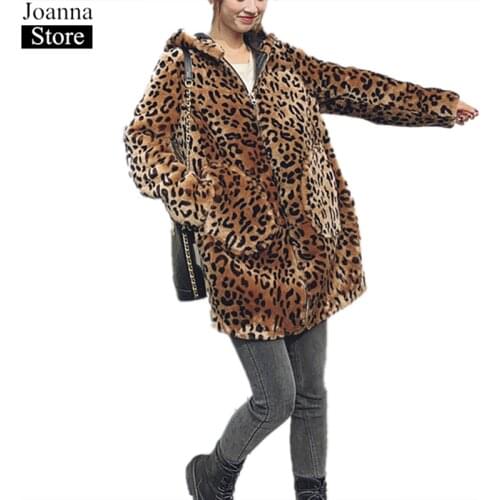 Autumn Winter New Hooded Faux Fur Leopard Print Long Coat Women Fake Fur Zipper Loose Furry Casual Female Plus Size Teddy Jacket