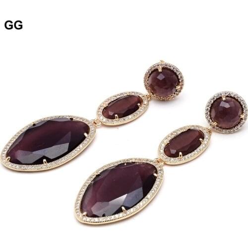 GuaiGuai Purple Cat Eye Cz pave Yellow Gold Color Plated Dangle Stud Earrings Classic Rhinestone Geometric Women Dangle Earrings