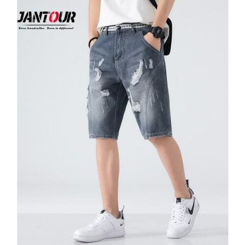 Brand Summer New Beach Casual Men Shorts Straight Ripped Knee Length Denim Shorts Loose Hole Male Short Jeans Large size 40 42