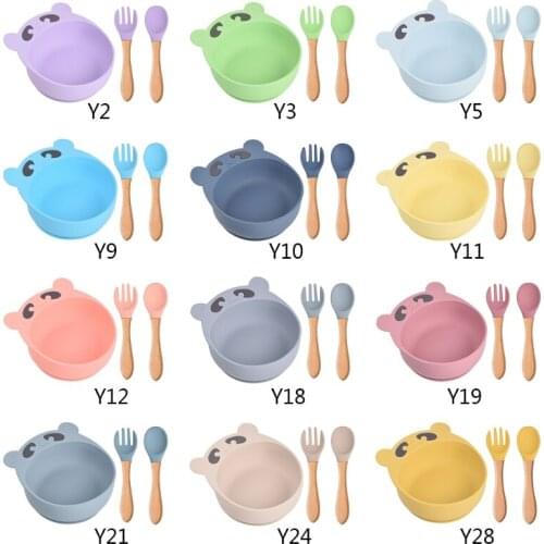 3 Pcs Baby Training Feeding Food Bowl Wooden Handle Spoon Fork Set Anti Slip Silicone Suction Dinner Plate Dish Utensil