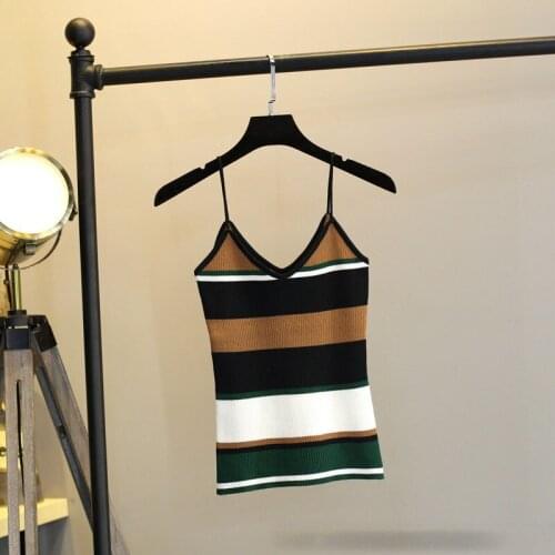 Spring Summer Short Knit Strap female V-neck stripes Patchwork Color Slim Thin sexy Knitted Camis