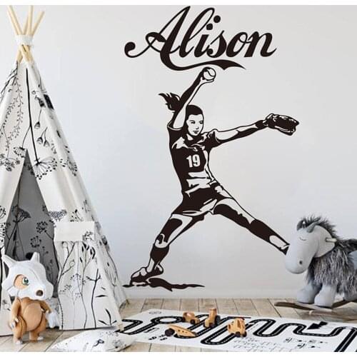 Custom Name Baseball Fast Pitch Wall Decal Nursery Girl Room Personalized Name Softball Pitcher Sport Player Wall Sticker Vinyl