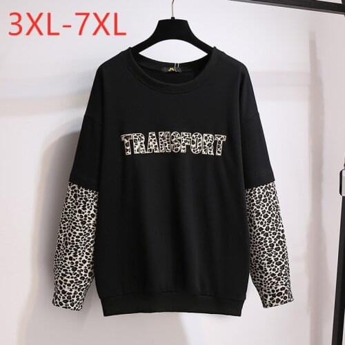 New Autumn Winter Plus Size Tops For Women Large Loose Long sleeve Black Leopard Print Thick Cotton T-shirt 7XL