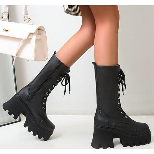Women comfy Platform Thick High Heel Martin Boots Square Toe Lace-up Autumn Mid-calf Boots Fashion Zipper Winter Knight Boots