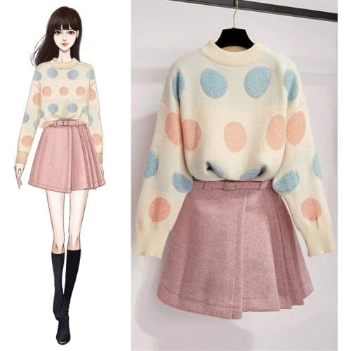 Two Piece Set Women 2020 Winter Women Long Sleeves Colorful Dot Sweater + Woolen Blend Skirts 2 Pcs Sets Female Suits Outfit