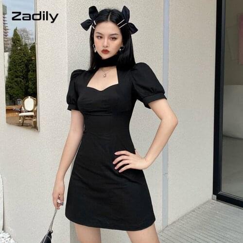 Zadily Y2K Sexy Short Sleeve Black Dress Women Gothic Hollow Out Bodycon Mini Dress 2021 Summer Club Party Female Clothing
