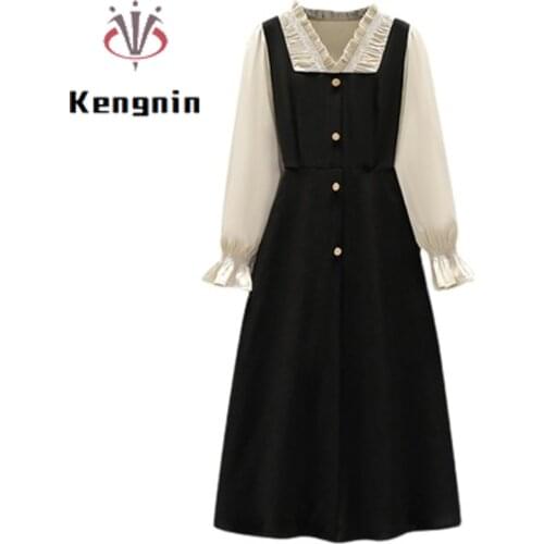 2021 Autumn French Style Women Dress Long Sleeve Patchwork Black Dresses High Waist Button Designer Dress Female Robe KE1730